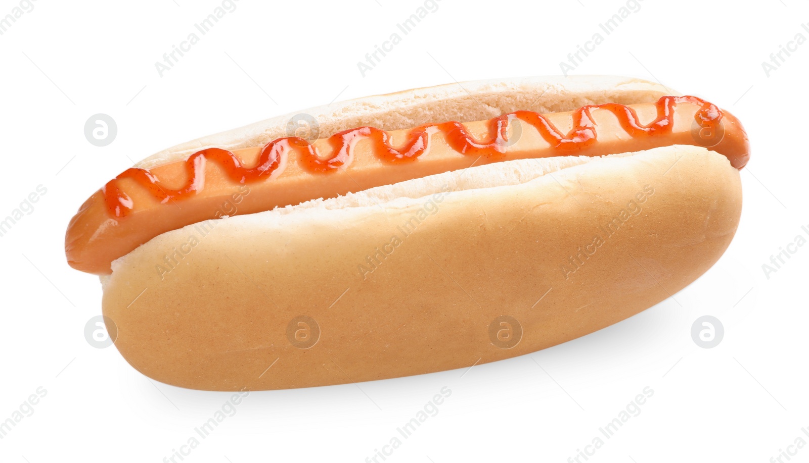 Photo of Yummy hot dog with ketchup isolated on white