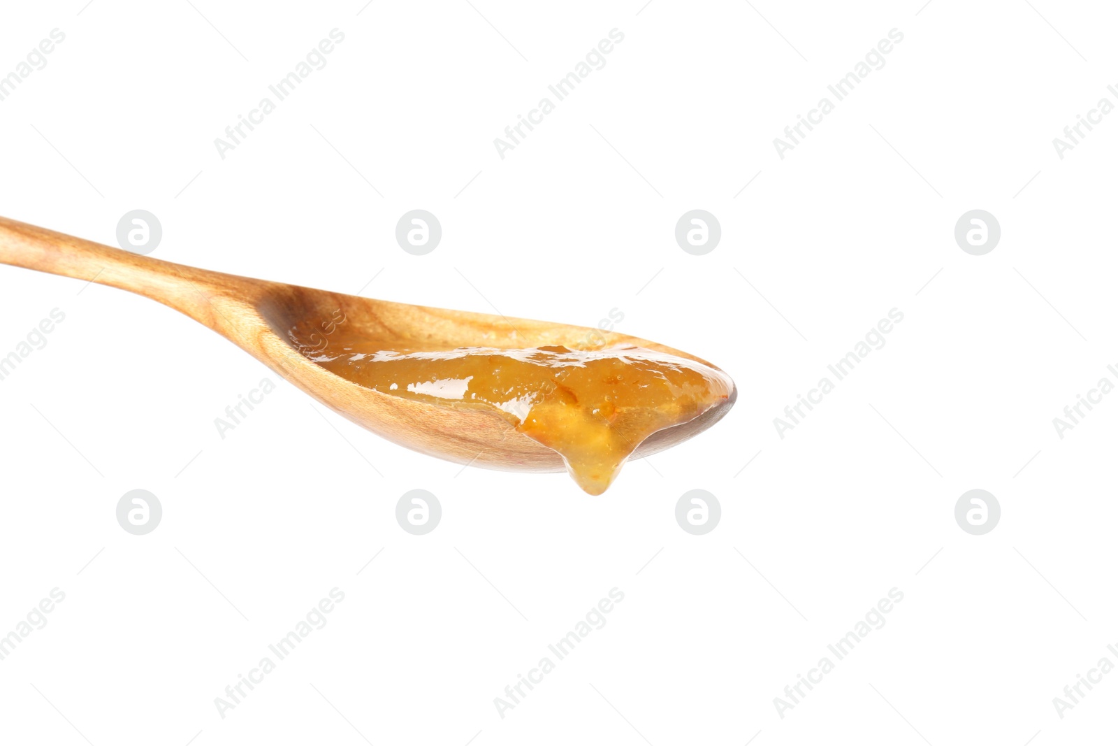 Photo of Spoon with tasty sweet jam isolated on white