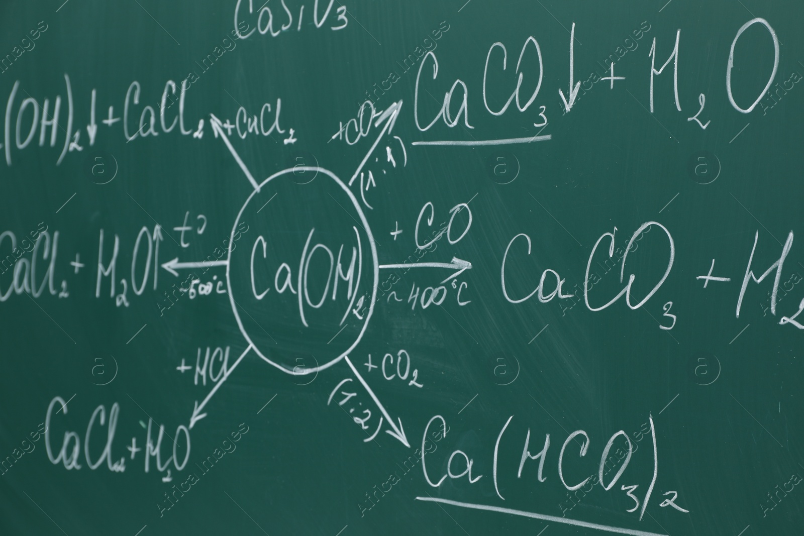 Photo of Chemical formulas written with chalk on green board