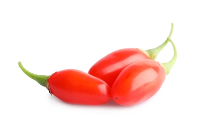 Photo of Fresh goji berries on white background. Healthy superfood