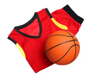 Photo of Basketball uniform and ball on white background, top view