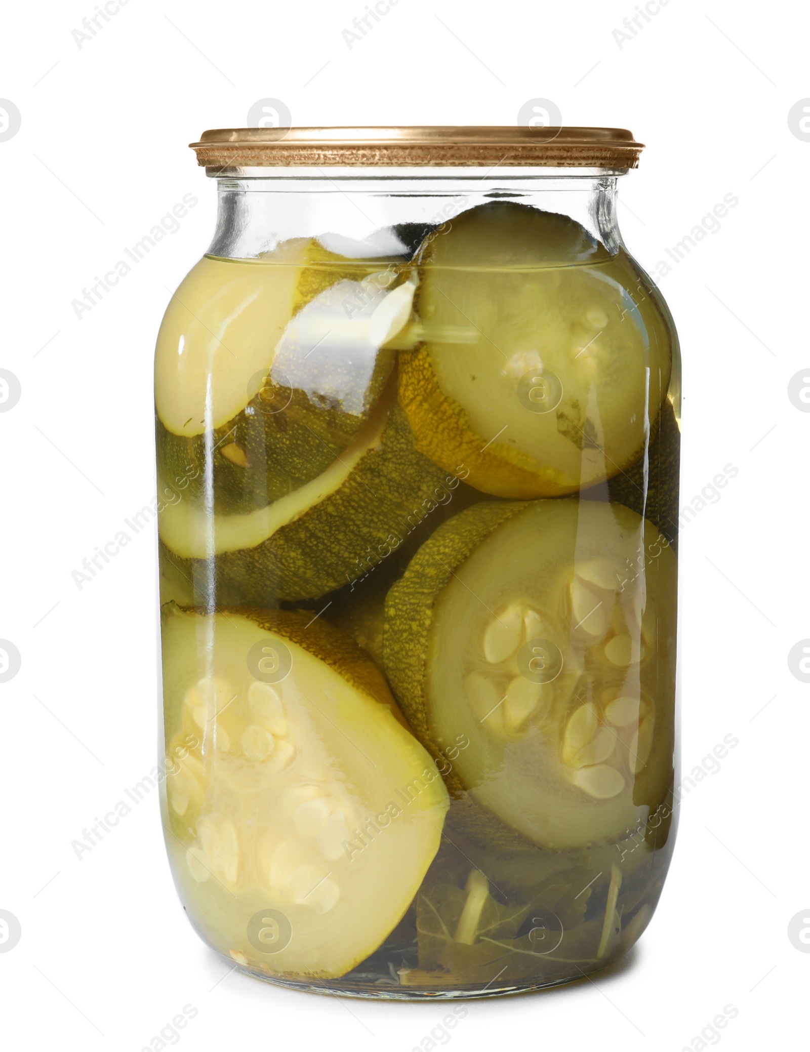 Photo of Glass jar with pickled zucchinis isolated on white