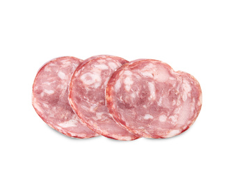 Photo of Slices of delicious smoked sausage isolated on white, top view