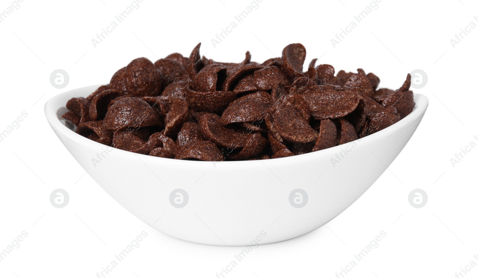 Photo of Breakfast cereal. Chocolate corn flakes in bowl isolated on white