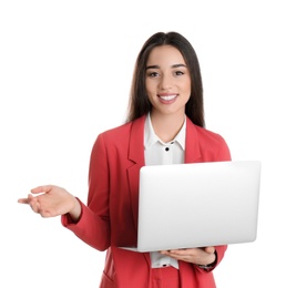 Photo of Portrait of young woman in office wear with laptop on white background
