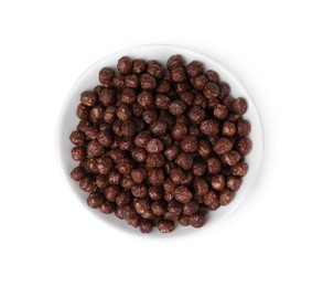 Photo of Chocolate cereal balls in bowl isolated on white, top view