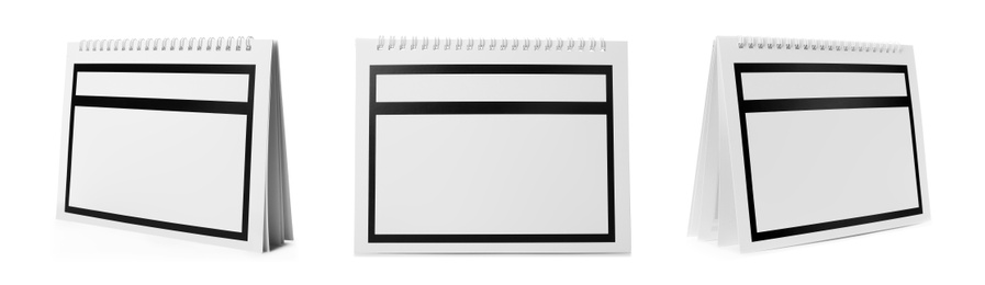 Image of Collage of blank paper calendar on white background. Space for design 