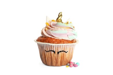 Photo of Cute sweet unicorn cupcake isolated on white