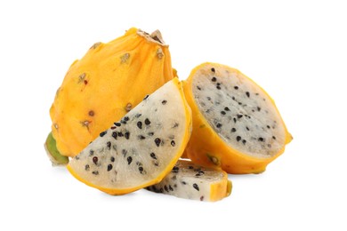 Photo of Delicious cut and whole yellow pitahaya fruits on white background