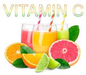 Source of Vitamin C. Glasses of different citrus juice, fresh fruits and green leaves on white background