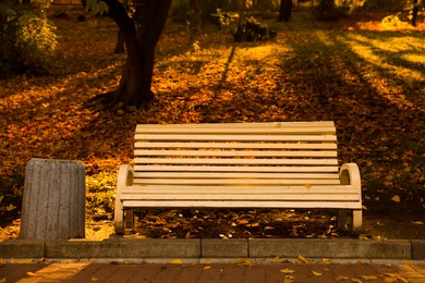Photo of Beige wooden bench and trash can in park