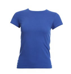 Photo of Mannequin with blue women's t-shirt isolated on white. Mockup for design