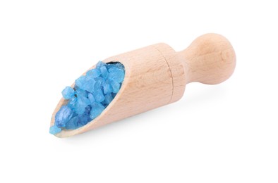 Photo of Wooden scoop with blue sea salt isolated on white