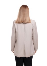 Businesswoman posing on white background, back view