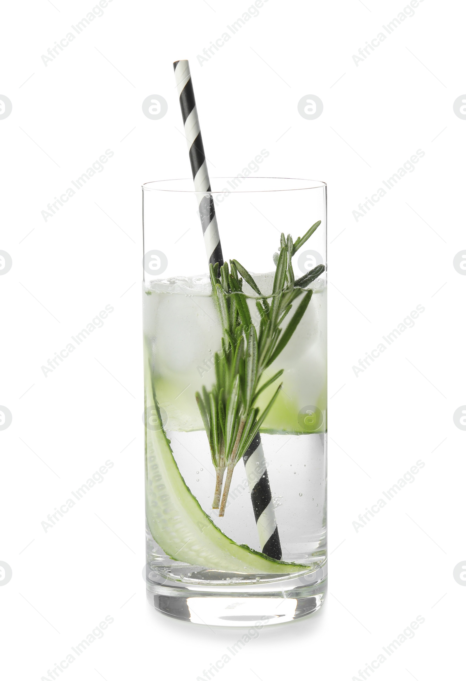 Photo of Glass of refreshing cucumber cocktail with rosemary on white background
