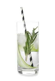Glass of refreshing cucumber cocktail with rosemary on white background