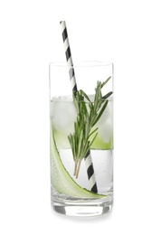 Photo of Glass of refreshing cucumber cocktail with rosemary on white background