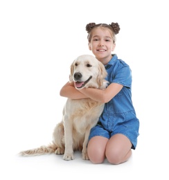 Photo of Cute little child with her pet on white background