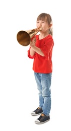 Photo of Cute little girl with megaphone on white background