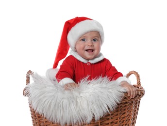 Cute baby in wicker basket on white background. Christmas celebration