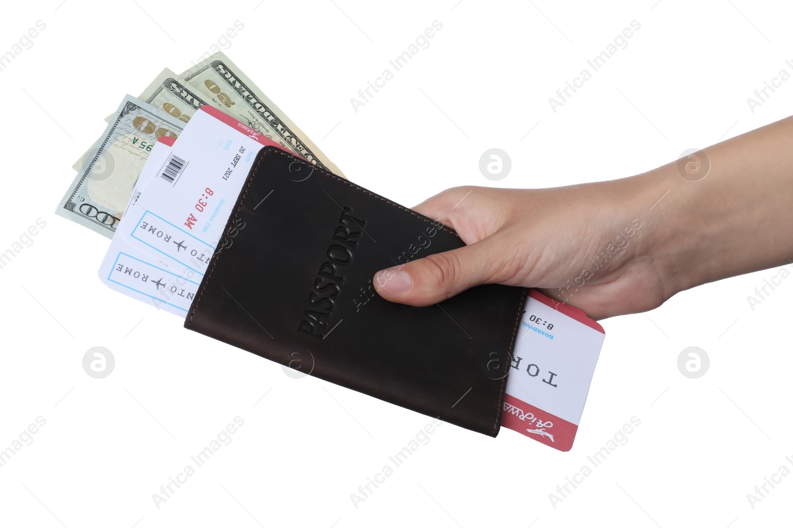 Photo of Woman holding passport with money and tickets on white background, closeup. Travel agency concept