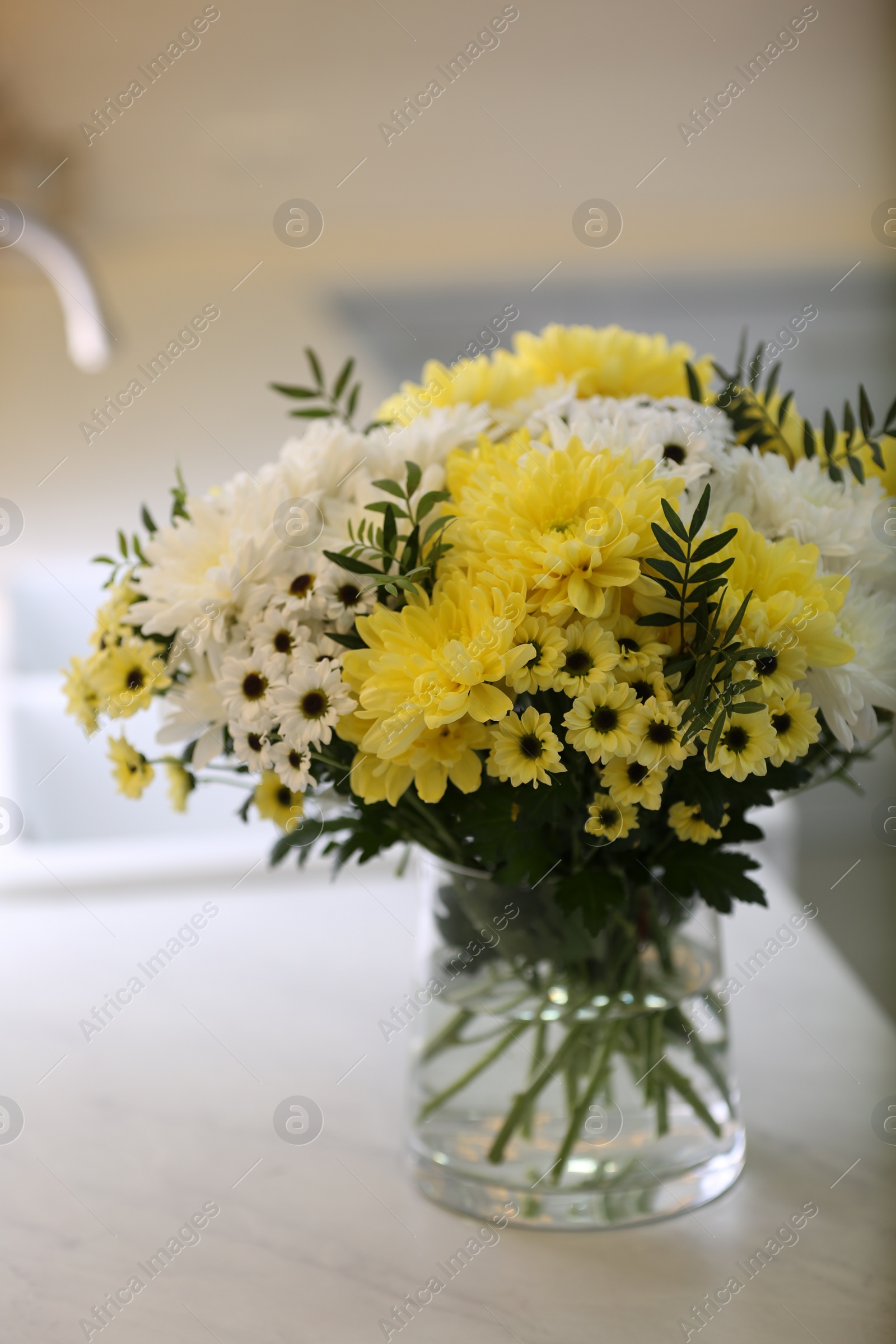 Photo of Vase with beautiful chrysanthemum flowers on countertop in kitchen. Interior design