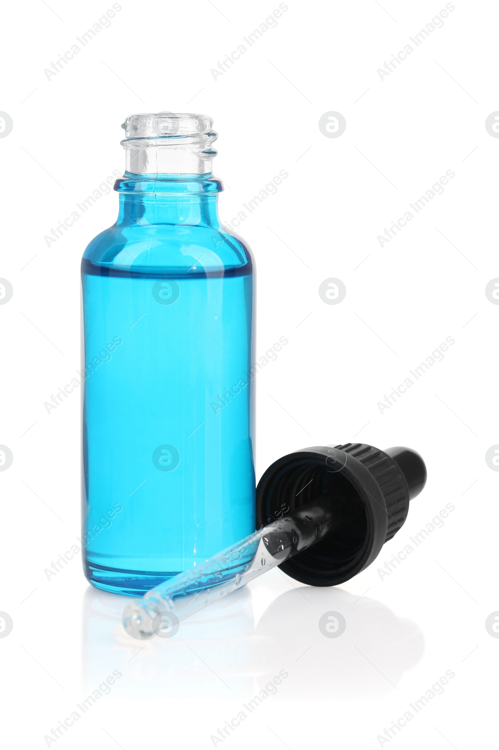 Photo of Glass bottle and pipette with tincture isolated on white