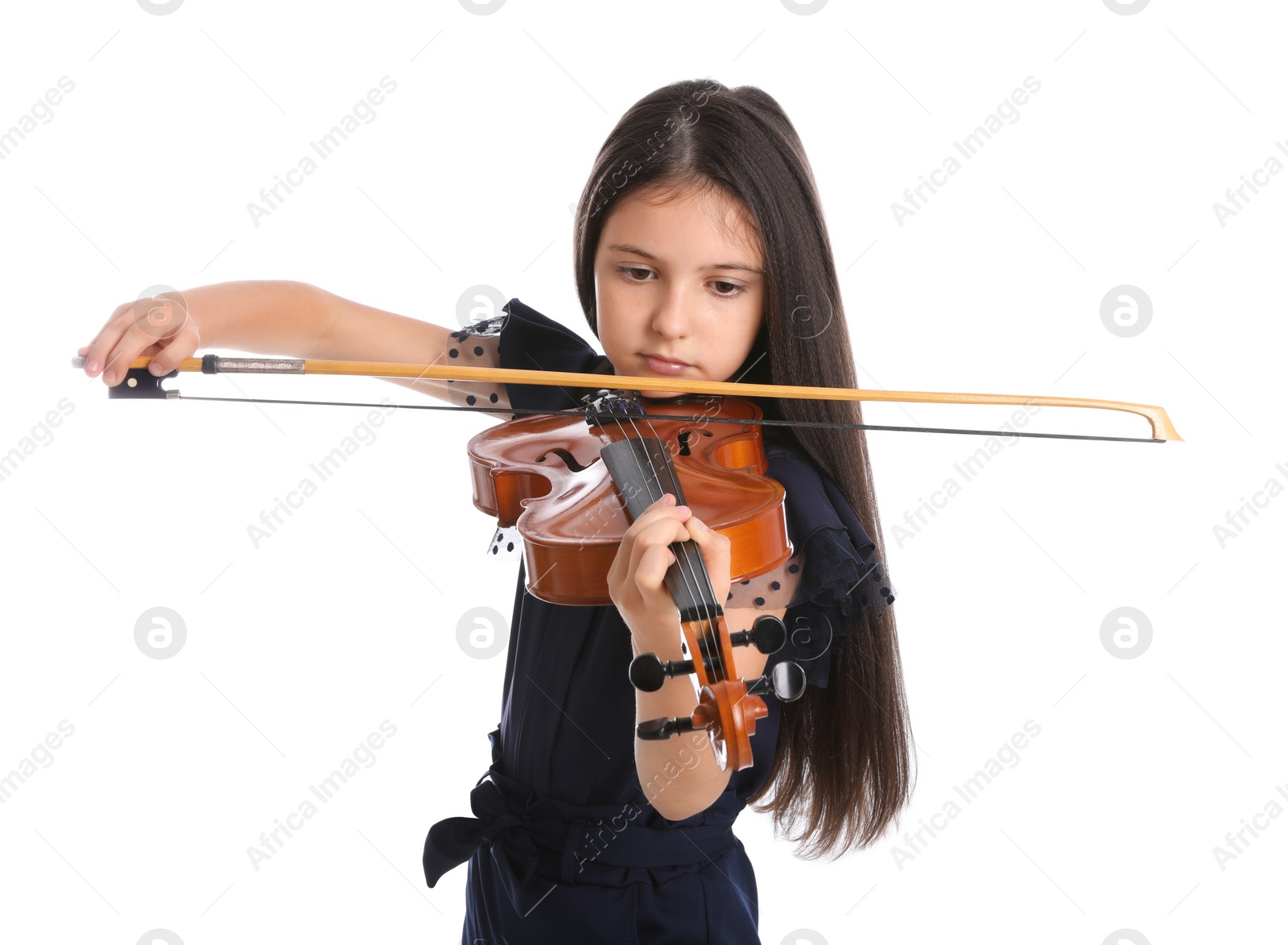 Photo of Preteen girl playing violin on white background