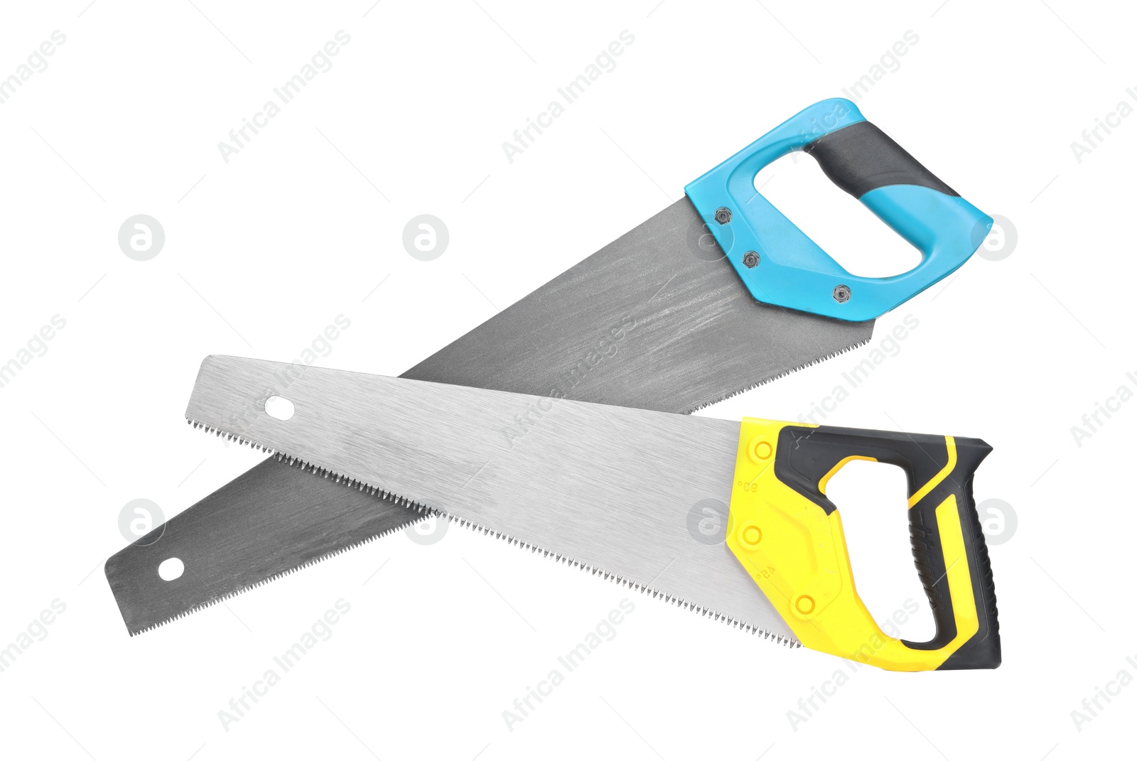 Photo of Saws with colorful handles isolated on white