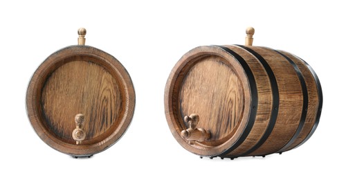 Image of Collage of wooden barrel with tap on white background, different sides