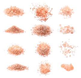 Image of Piles of pink himalayan salt on white background