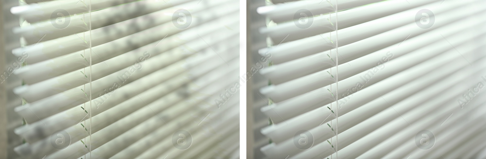 Image of Window blinds before and after cleaning, closeup. Banner desing