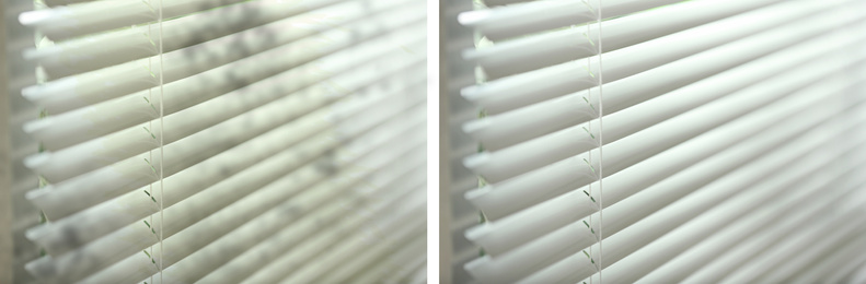 Window blinds before and after cleaning, closeup. Banner desing