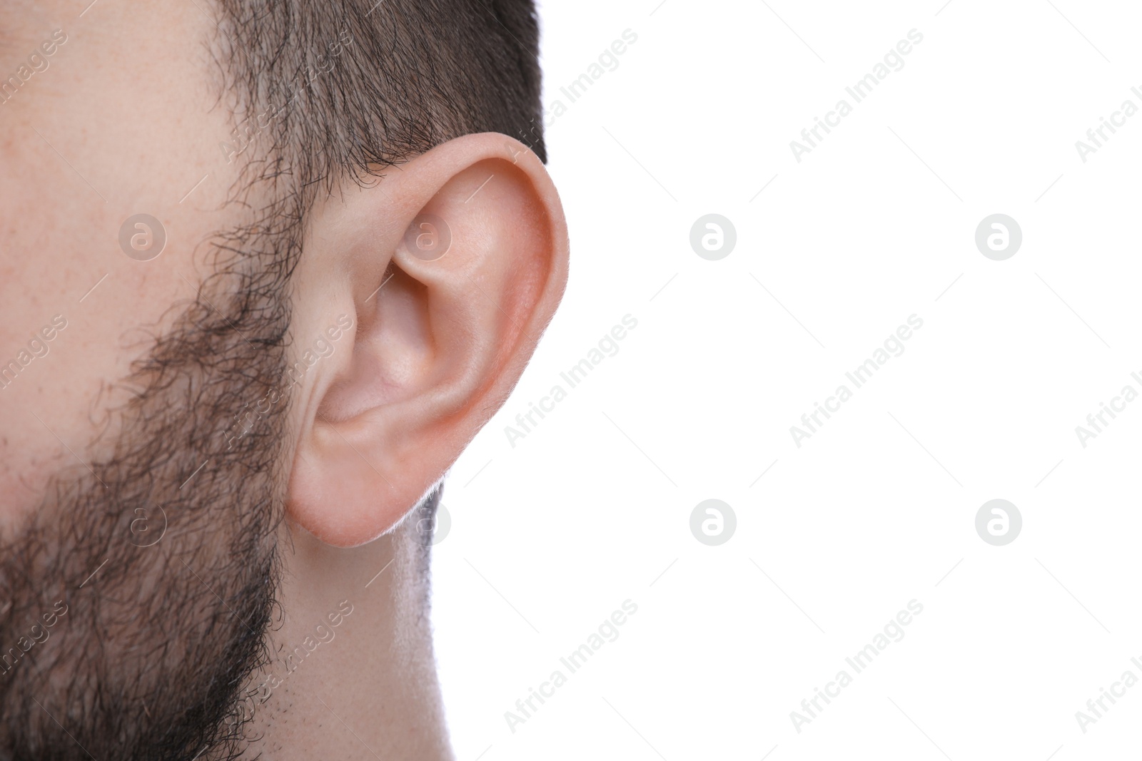 Photo of Man on white background, closeup of ear