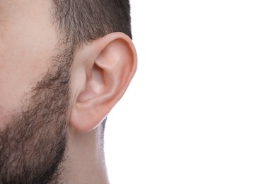 Photo of Man on white background, closeup of ear