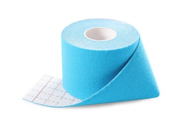 Photo of Light blue kinesio tape in roll on white background