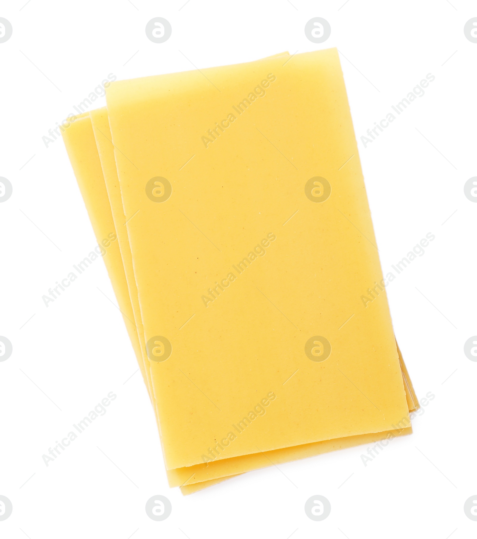 Photo of Stack of uncooked lasagna sheets isolated on white, top view