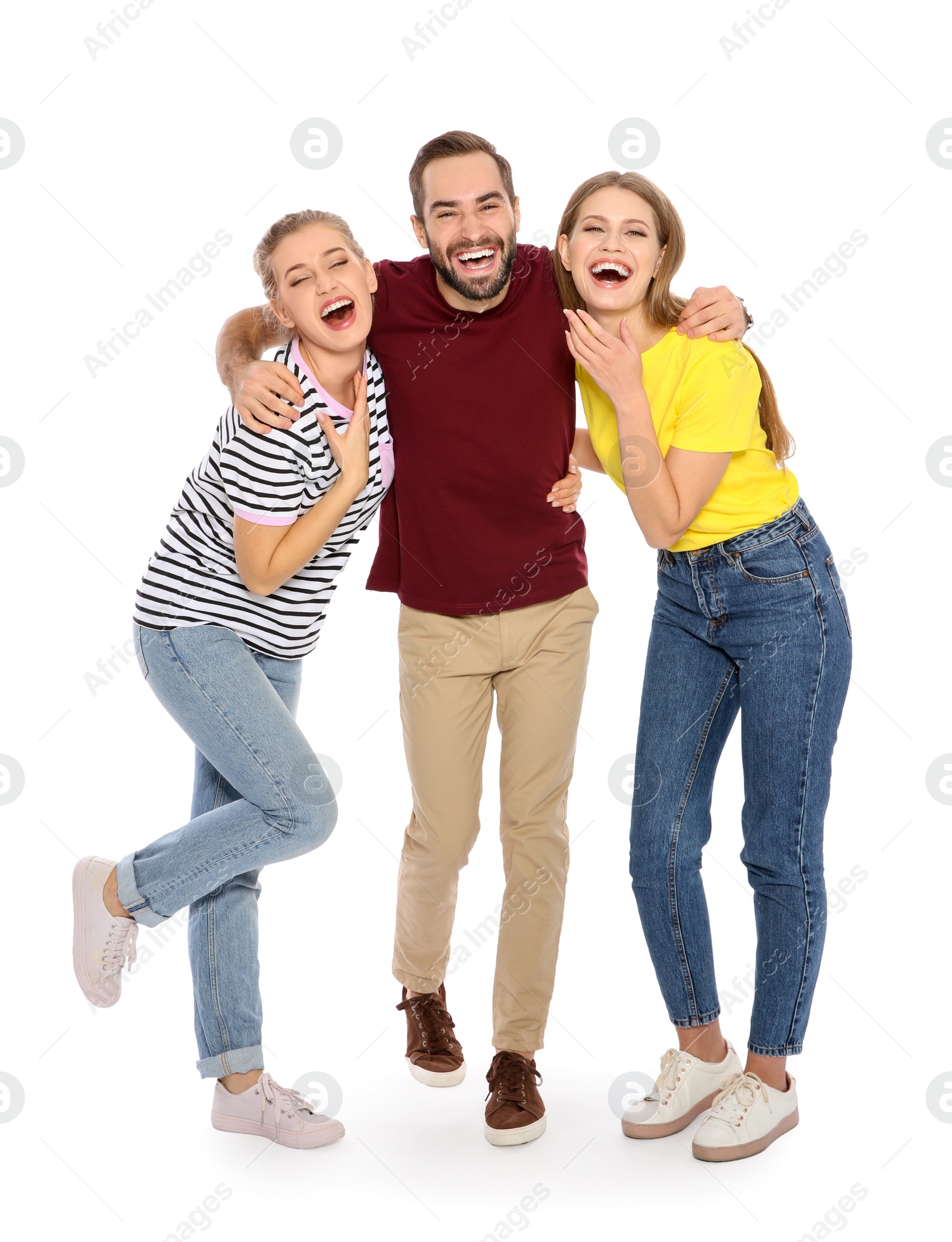 Photo of Full length portrait of young people laughing on white background