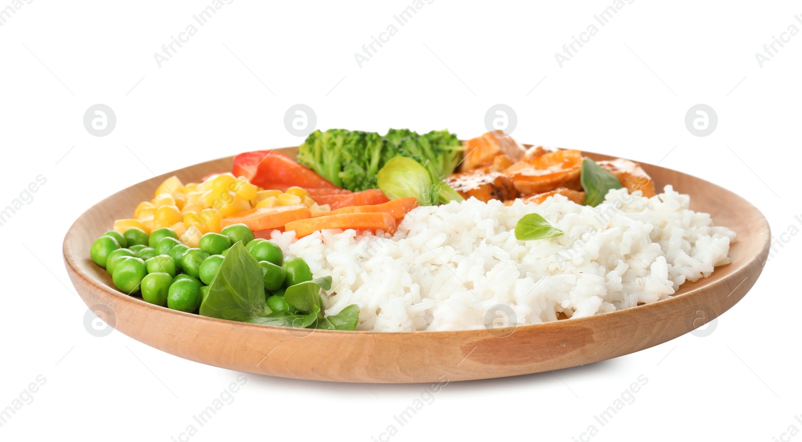 Photo of Plate with tasty rice, vegetables and meat on white background