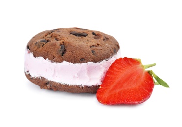 Photo of Sweet delicious ice cream cookie sandwich and strawberry on white background