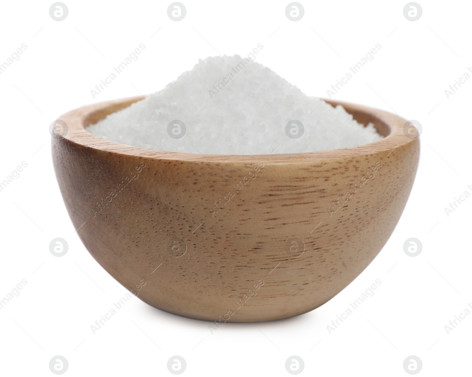 Photo of Natural salt in wooden bowl isolated on white