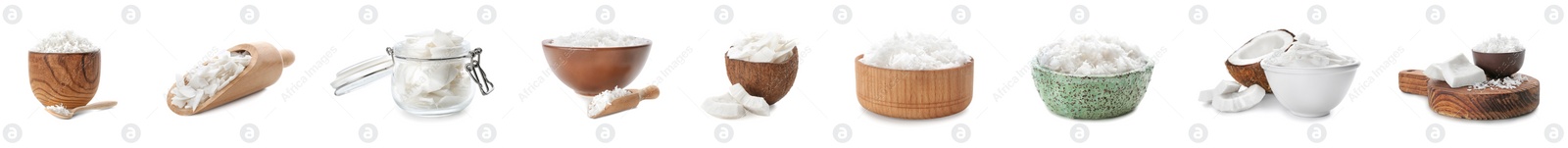 Image of Set with fresh coconut flakes isolated on white. Banner design