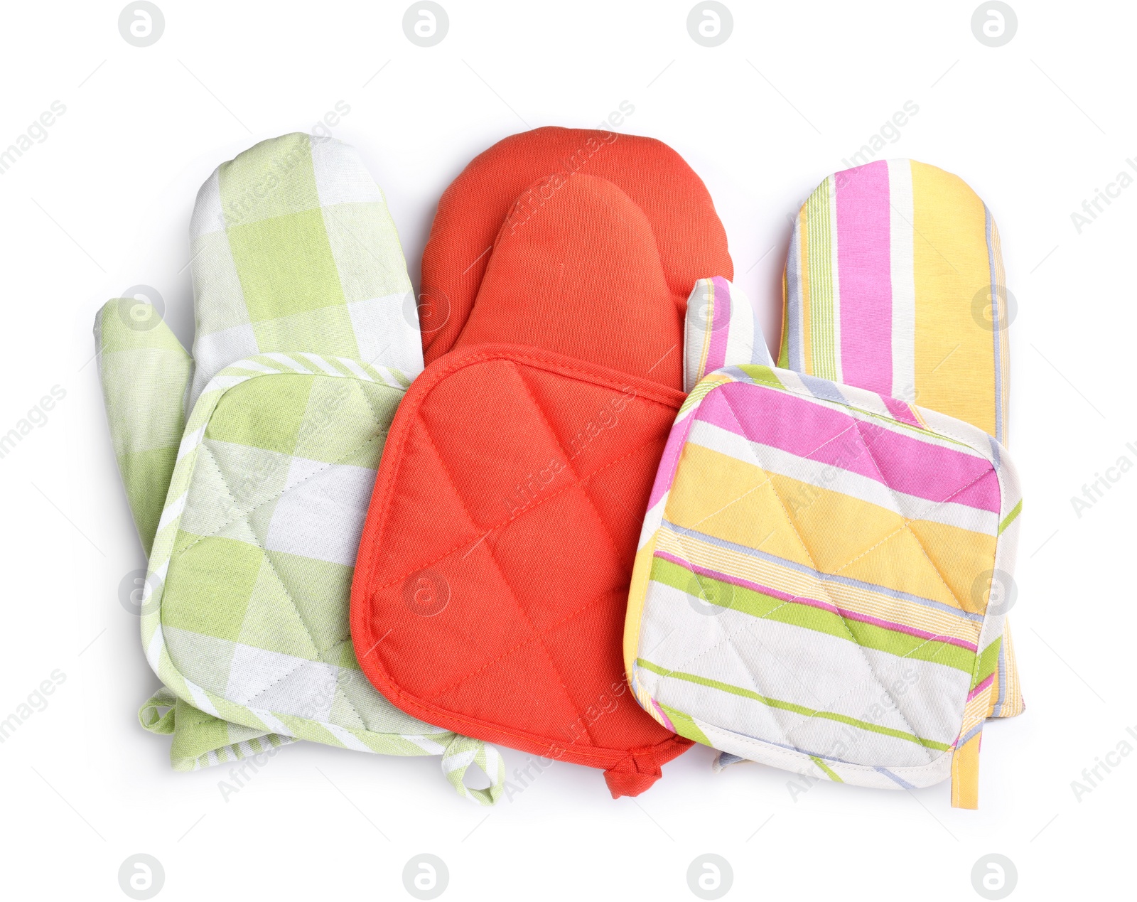 Photo of Oven gloves and potholders for hot dishes on white background, top view