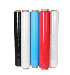 Photo of Different plastic stretch wrap films on white background