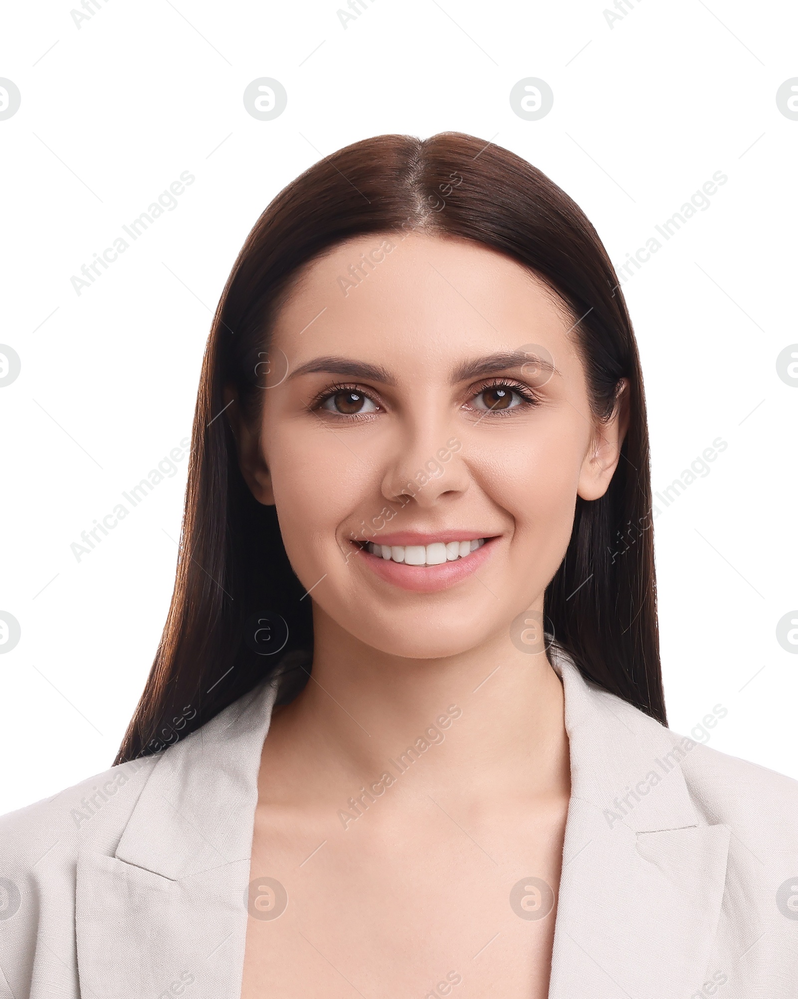 Image of Passport photo. Portrait of woman on white background