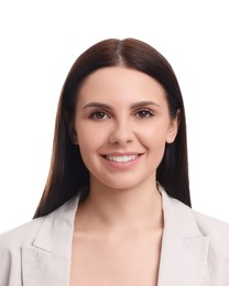 Image of Passport photo. Portrait of woman on white background