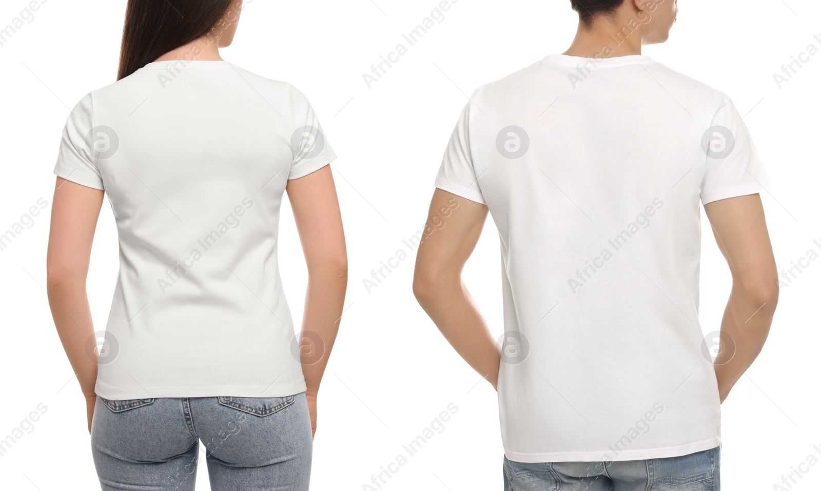 Image of People wearing casual t-shirts on white background, back view. Mockup for design