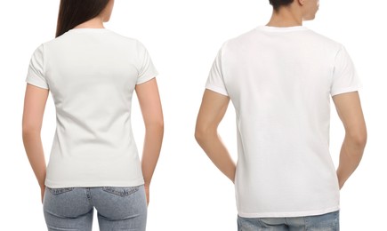 People wearing casual t-shirts on white background, back view. Mockup for design