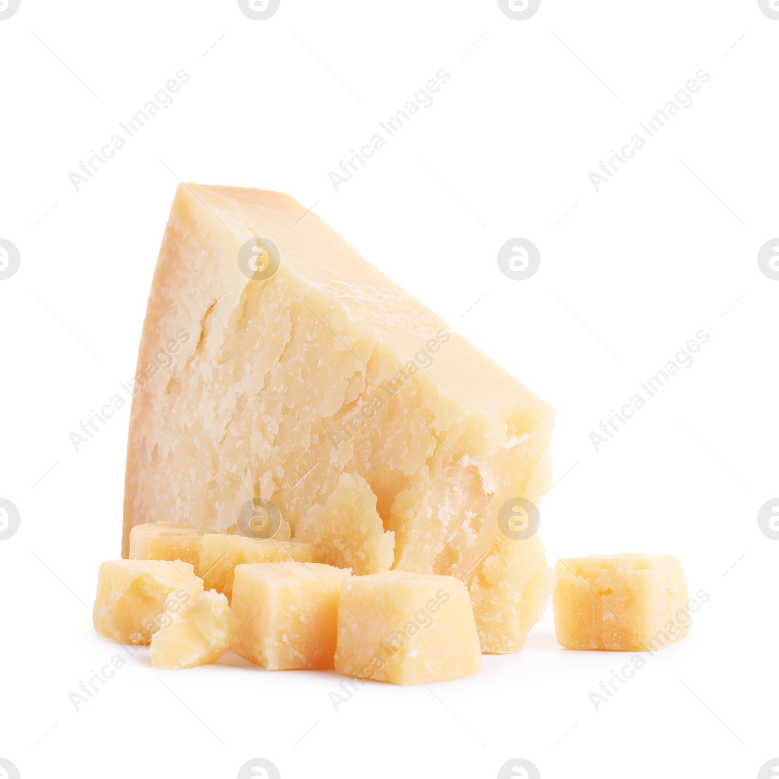 Photo of Pieces of delicious parmesan cheese on white background