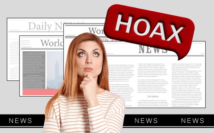Image of Photo of thoughtful woman, newspapers and speech bubble with word Hoax